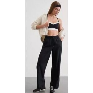 Athleta Retreat Wide Leg Mid Rise 100% Linen Pant Black Medium Side Slit #851038